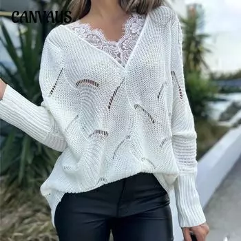 Весенне-осенний женский кружевной лоскутный белый свитер средней длины S белый