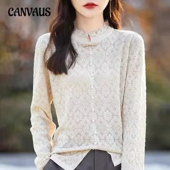 Весенне-осенний женский кружевной свитер с круглым вырезом, винтажный вязаный свитер с воротником Cheongsam, нижняя рубашка M белый