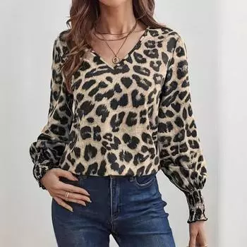 Весенне-осенний женский леопардовый принт тонкий длинный рукав топ S