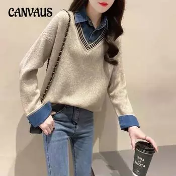 Весенне-осенний женский лоскутный джинсовый свитер с воротником из двух частей, свободный пуловер, вязаный свитер, топ с длинными рукавами One Size серый