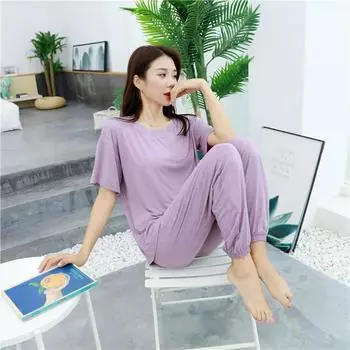 Весенне-осенний женский модальный пижамный комплект, большой размер, домашняя одежда, свободная летняя пижама из двух частей, женский спальный комплект M