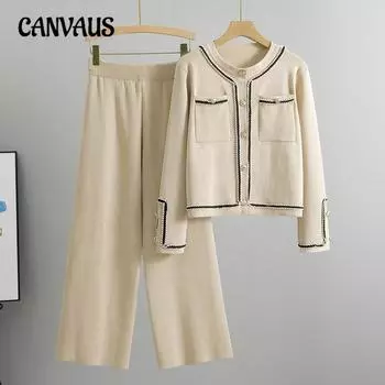 Весенне-осенний женский модный кардиган больших размеров с круглым вырезом и узким вырезом, комплект с брюками Little Fragrance One Size чёрный