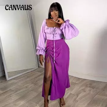 Весенне-осенний женский модный костюм с квадратным вырезом и расклешенными рукавами, топ с короткими и длинными рукавами, юбка с разрезом до половины тела, костюм S фиолетовый