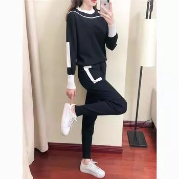 Весенне-осенний женский модный повседневный трикотажный костюм-двойка XXXXL чёрный