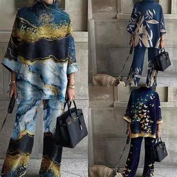 Весенне-осенний женский модный прямой повседневный костюм из двух предметов с принтом, женский топ, женские брюки S