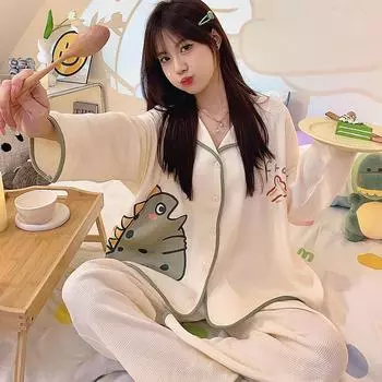 Весенне-осенний женский мультяшный вафельный пижамный комплект с длинными рукавами для дома, свободный милый повседневный домашний костюм для студентов M