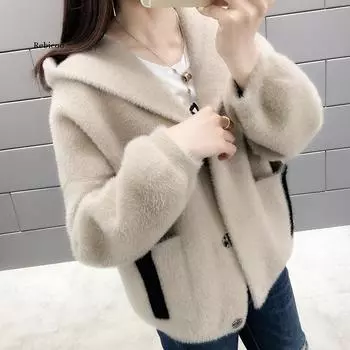 Весенне-осенний женский новый лоскутный мех из искусственной норки, женский модный вязаный свитер с капюшоном, кардиган, куртка, верхняя одежда, пальто S-3XL