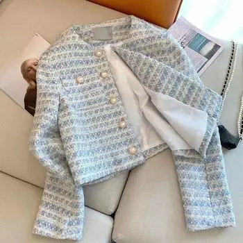 Весенне-осенний женский однобортный пиджак с карманами, элегантный твидовый кардиган, короткое пальто для женщин, свободная верхняя одежда XL синий