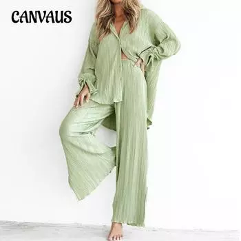 Весенне-осенний женский однотонный плиссированный кардиган с длинными рукавами и лацканами, рубашка с разрезом, пижамный комплект из двух предметов