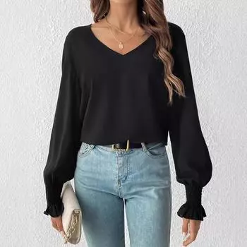 Весенне-осенний женский однотонный пуловер с V-образным вырезом, расклешенный топ с длинными рукавами S чёрный