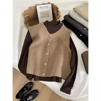 Весенне-осенний женский однотонный свитер без рукавов на пуговицах с v-образным вырезом, вязаный кардиган, жилет, пальто, повседневные модные офисные женские элегантные топы больших размеров ONE SIZE светло-серый