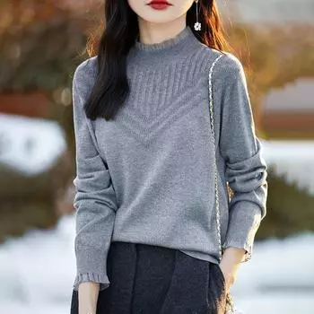 Весенне-осенний женский однотонный свободный пуловер с кружевным воротником, свитер, нижняя рубашка M белый