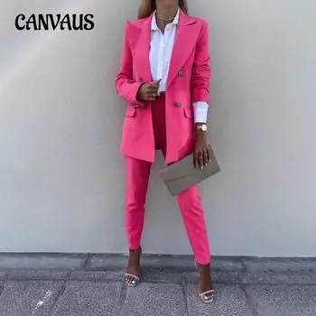 Весенне-осенний женский однотонный темпераментный костюм, модный повседневный брючный костюм S розовый