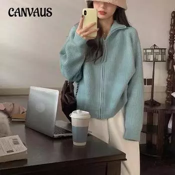 Весенне-осенний женский однотонный воротник-стойка с двойной молнией, мягкий липкий свитер, куртка, женский ленивый вязаный кардиган One Size серый