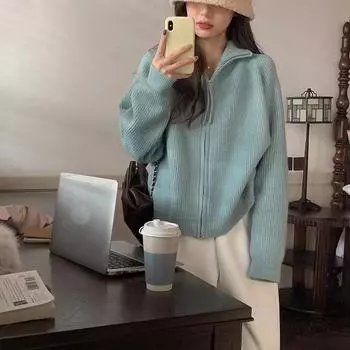 Весенне-осенний женский однотонный воротник-стойка с двойной молнией, мягкий липкий свитер, куртка, женский ленивый вязаный кардиган One Size серый