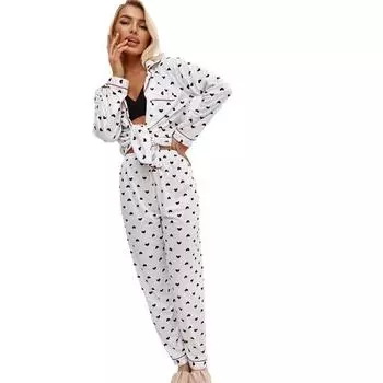 Весенне-осенний женский пижамный домашний костюм с длинными рукавами и длинными брюками, женская пижама с лацканами Love Casual Homewear Suit M чёрный