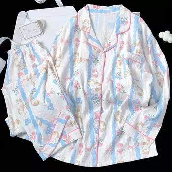 Весенне-осенний женский пижамный комплект для дома, милая полосатая хлопковая домашняя одежда для девочек, милый комплект для дома и учебы с пижамами M