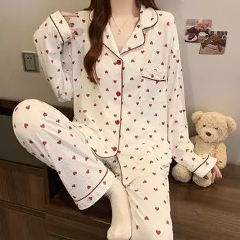 Весенне-осенний женский пижамный комплект для дома, мягкая пижама для девочек-студенток с длинными рукавами, костюм из двух предметов Sweet Love для дома M
