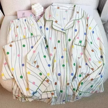 Весенне-осенний женский пижамный комплект для дома, повседневный комплект с длинным рукавом для девочек, сладкий свежий хлопковый пижамный комплект для дома M