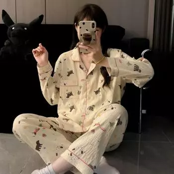Весенне-осенний женский пижамный комплект домашней одежды с длинными рукавами для девочек-студенток, милый принтованный милый комплект домашней одежды M