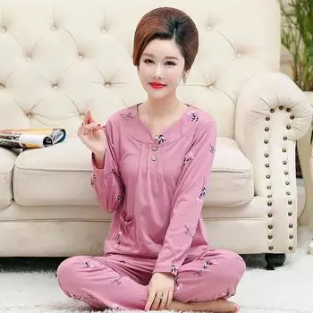 Весенне-осенний женский пижамный комплект, свободный и удобный, высококачественный, среднего возраста, хлопок, длинные рукава, длинные брюки, домашний костюм M