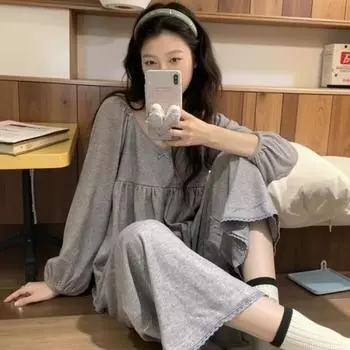 Весенне-осенний женский пижамный комплект в стиле принцессы для дома, зимний комплект для девочек и студентов, повседневный свободный пижамный комплект для дома M