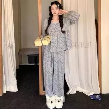 Весенне-осенний женский пижамный комплект в стиле принцессы для дома, зимний комплект для девочек и студентов, повседневный свободный пижамный комплект для дома M