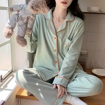 Весенне-осенний женский пижамный костюм, костюм из двух частей с лацканами для девочек, можно носить вне дома. XXL зелёный