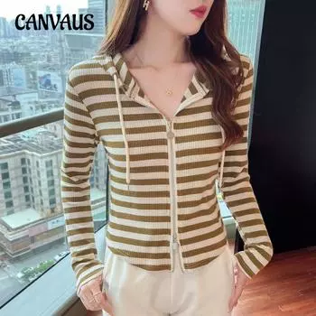 Весенне-осенний женский полосатый кардиган, тонкий топ на молнии с капюшоном и длинными рукавами, низ S чёрный/белый