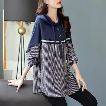 Весенне-осенний женский полосатый свободный свитер с длинными рукавами и капюшоном XXXXL темно-синий