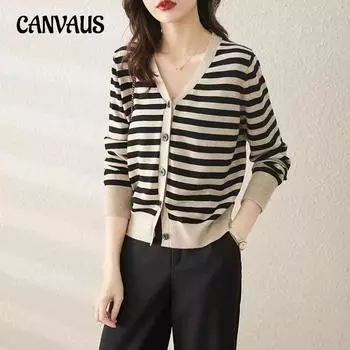 Весенне-осенний женский повседневный свободный вязаный кардиган Gentle Wind с V-образным вырезом и длинными рукавами в полоску, тонкая куртка One Size