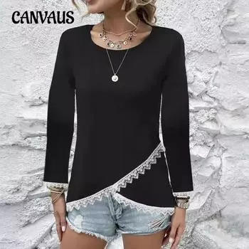 Весенне-осенний женский пуловер больших размеров, блузка с кружевным плетением, повседневный топ с длинным рукавом S синий