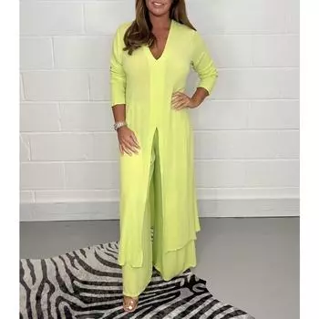 Весенне-осенний женский пуловер больших размеров с V-образным вырезом, однотонный, тонкий, темпераментный, длинный жакет + широкие узкие брюки, комплект из двух предметов 5XL