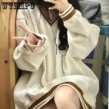 Весенне-осенний женский пуловер, большой свободный вафельный свитер с v-образным вырезом, свободное тонкое пальто с напуском M белый