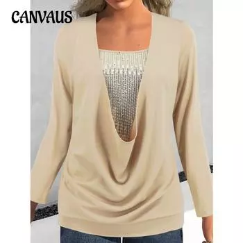 Весенне-осенний женский пуловер с блестками, блузка, повседневный топ с длинными рукавами S хаки