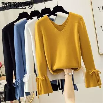 Весенне-осенний женский пуловер с длинными рукавами, свитер с v-образным вырезом и коротким подшерстком с рукавами-фонариками, однотонный трикотаж, повседневный универсальный свитер One Size розовый