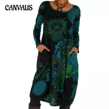Весенне-осенний женский пуловер с принтом в этническом стиле, длинное платье