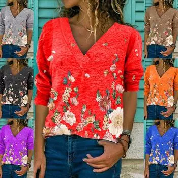 Весенне-осенний женский пуловер с v-образным вырезом и принтом, футболка с длинными рукавами, женская