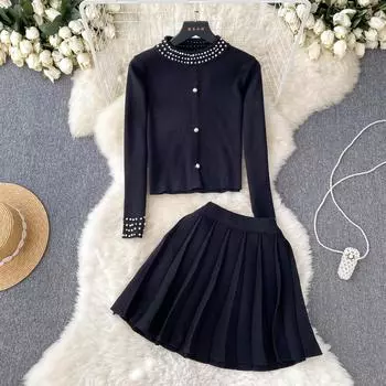 Весенне-осенний женский роскошный вязаный свитер с бисером, модный пуловер, топы и мини-плиссированная юбка, комплект из двух предметов One Size абрикосовый