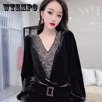 Весенне-осенний женский сексуальный бархатный топ с v-образным вырезом, золотой бархатный топ, элегантный синий, базовые рубашки с длинными рукавами, винтажный повседневный женский топ, пуловер XXXL чёрный