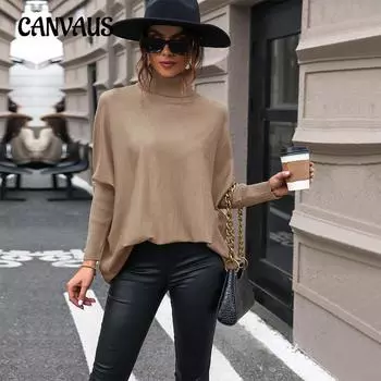 Весенне-осенний женский свитер, модный вязаный свитер средней длины, однотонный, с высоким воротом и длинными рукавами S хаки