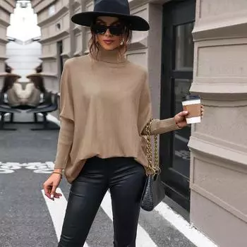 Весенне-осенний женский свитер, модный вязаный свитер средней длины, однотонный, с высоким воротом и длинными рукавами S хаки