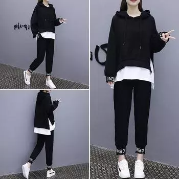 Весенне-осенний женский свитер с капюшоном и леггинсы, повседневный костюм из двух частей XXXXL чёрный