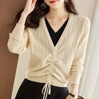 Весенне-осенний женский свитер с V-образным вырезом, свободный тонкий свитер One Size чёрный