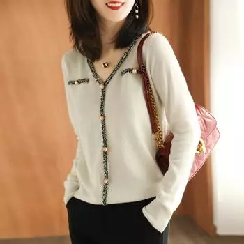 Весенне-осенний женский свитер с v-образным вырезом и жемчужными пуговицами, корейский модный топ с длинным рукавом One Size белый