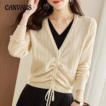 Весенне-осенний женский свитер с V-образным вырезом, свободный тонкий свитер One Size чёрный