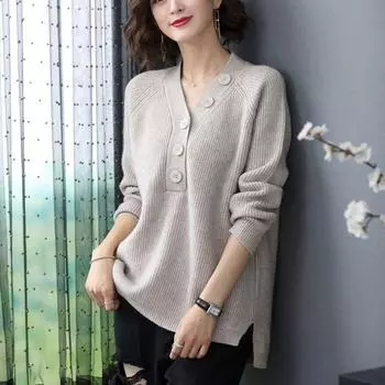 Весенне-осенний женский свитер с V-образным вырезом, свободный свитер большого размера, трикотажный свитер с разрезом, трикотажные топы, джемпер M оранжевый