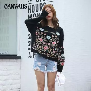 Весенне-осенний женский свитер с вышивкой, вязаный топ, трикотаж