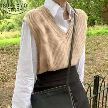 Весенне-осенний женский свитер, жилет, однотонный свободный пуловер, свитер без рукавов, модный вязаный жилет с v-образным вырезом, вязаный жилет Джокера, топы One Size хаки