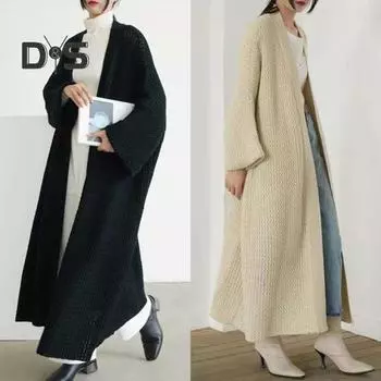 Весенне-осенний женский свободный длинный свитер, пальто с длинным рукавом, однотонный, до щиколотки, с открытой передней частью, вязаный кардиган, верхняя одежда